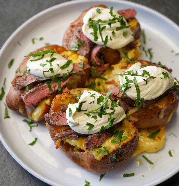 Four cheesy smoked baked potatoes stuffed with melted cheese and topped with sliced steak, a dollop of sour cream, and chopped fresh herbs on a round plate.