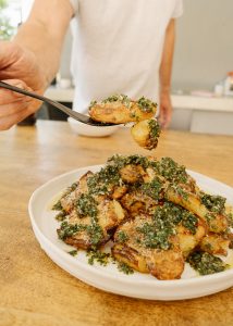 Smash roasted potatoes with chimichurri